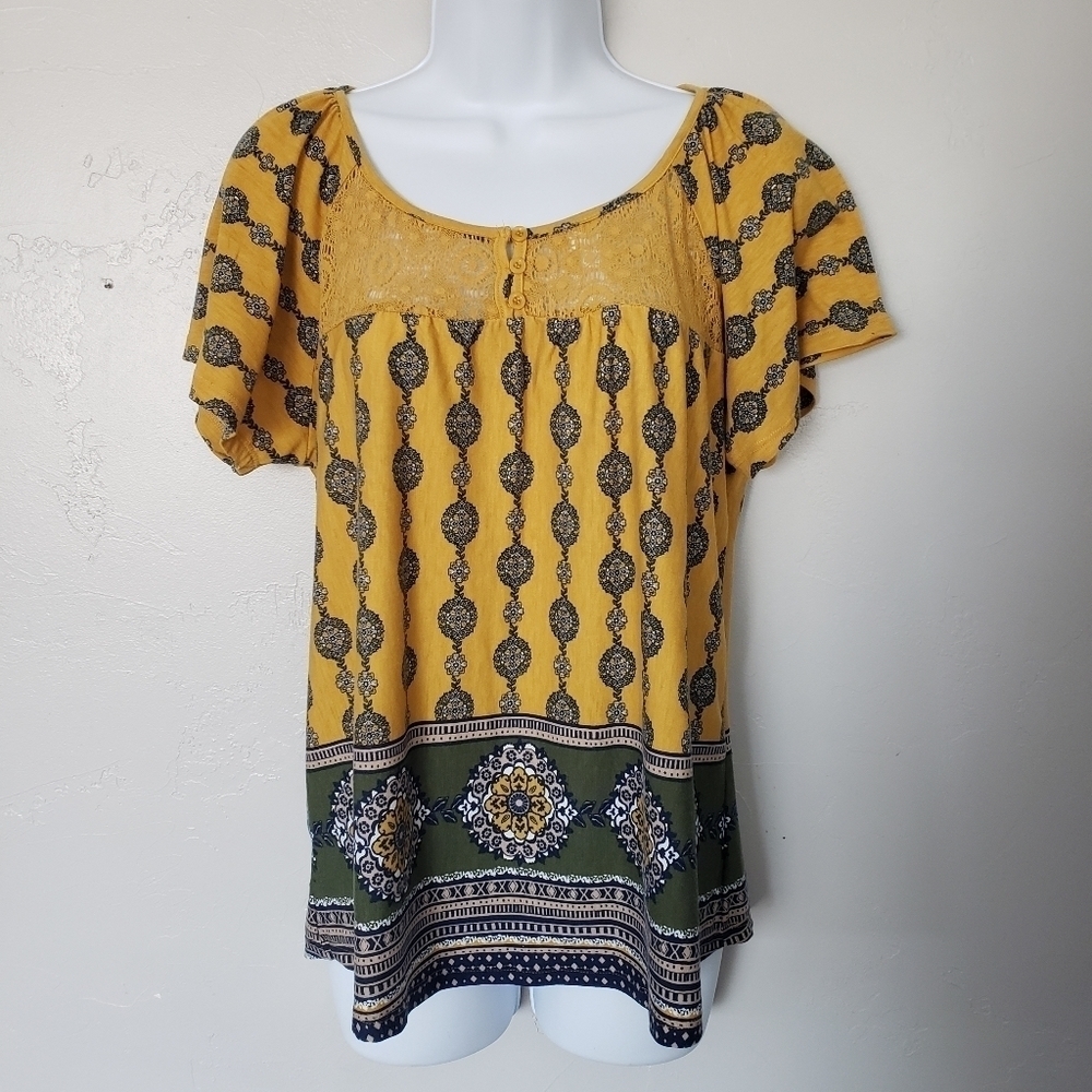Sweet Wanderer Medium Short Sleeve Shirt Mustard Yellow Green Medallion Lace Top